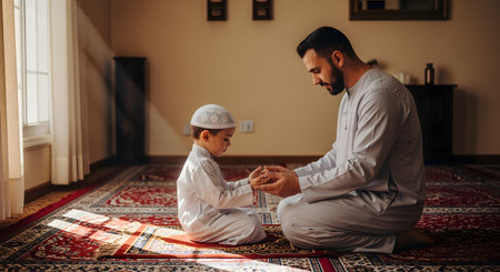A touching scene of a Muslim father and his young son praying together on a colorful rug in a sunlit room. Both are dressed in traditional white thobes and caps, and the father is guiding his son's hands in a gesture of prayer (Dua). The image beautifully portrays faith, family, tradition, and passing down religious values.の素材