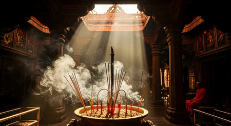 Burning incense sticks release plumes of smoke in a large urn inside an ornate, traditional Buddhist temple. Beams of sunlight, or divine light, stream down from an opening in the ceiling, illuminating the smoke and creating a spiritual and mystical atmosphere. A monk can be seen sitting in the background, adding to the serene and sacred feel.の素材