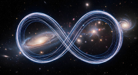 A conceptual image of a luminous infinity symbol composed of light trails, elegantly weaving between galaxies in the vastness of deep space. This visual represents concepts like an endless universe, eternity, and cosmic connectivity.の素材