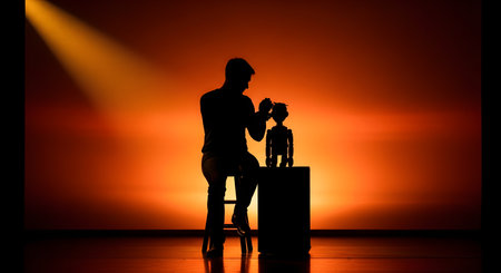 A dramatic silhouette of a man sitting on a stool under a spotlight, carefully working on a wooden puppet or marionette. The warm orange and red stage lighting creates a sense of intimacy, creativity, and focus. The image conveys themes of creation, artistry, and the behind-the-scenes magic of performance.の素材