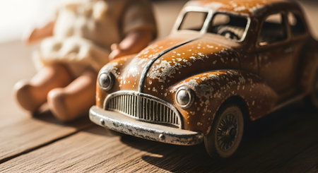 A close-up of a rusty and weathered vintage metal toy car sitting on a rustic wooden surface. The warm, soft lighting and the presence of a blurred old doll in the background evoke a strong sense of nostalgia, childhood memories, and the passage of time.の素材