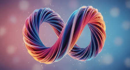 A vibrant 3D rendering of a twisted infinity symbol, glowing with a spectrum of warm and cool colors. Set against a soft-focus background with sparkling lights, this abstract image represents concepts of eternity, limitless possibilities, and interconnectedness.の素材