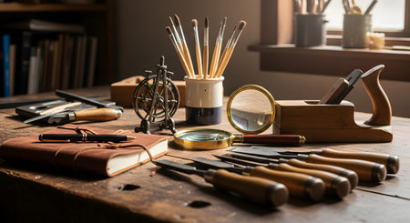 A vintage-style still life of a craftsman's or scholar's workbench, bathed in warm light. The desk is filled with tools like chisels, a magnifying glass, paintbrushes, and a leather journal, evoking a sense of creativity, artisanship, and intellectual pursuit.の素材