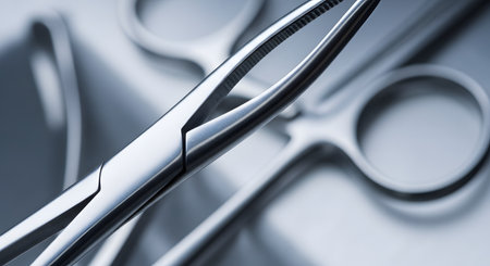 A sterile, close-up image of surgical forceps resting on a stainless steel tray with other medical instruments blurred in the background. The cool, blue-toned lighting emphasizes the clean and precise nature of the surgical tools. The image represents surgery, healthcare, medicine, and the operating room environment.の素材
