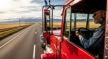 A senior male truck driver with a beard and cap is seen from the side, confidently driving a large red semi-truck down a long, straight highway in a rural American landscape. The image represents the trucking industry, logistics, transportation, and the freedom of the open road.の素材