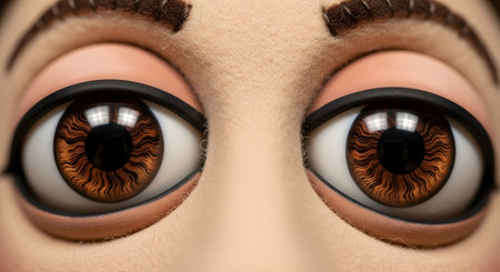 An extreme macro shot focuses on the large, detailed brown eyes of a puppet or doll. The intricate patterns of the irises are clearly visible, and the felt texture of the skin and eyebrows adds to the character's unique and slightly uncanny appearance.の素材