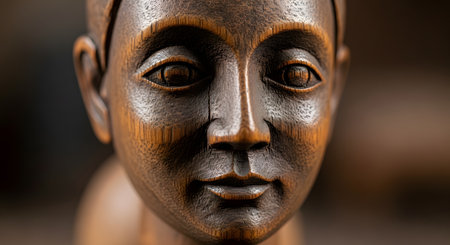 A detailed macro photograph of a hand-carved wooden face. The sculpture has a serene and calm expression, with the rich grain of the wood and a small crack visible, highlighting the texture and artistry of the craft.の素材