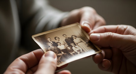 A person's hands gently hold a small, antique, sepia-toned photograph of a large family. The image evokes a deep sense of nostalgia, family history, and the importance of preserving memories and heritage through generations.の素材