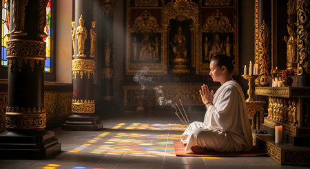 A serene woman in white robes meditates in a traditional prayer pose inside a beautifully ornate and tranquil Buddhist temple. Rays of colored light from stained glass windows illuminate the floor as smoke from burning incense gently rises, creating a deeply spiritual and peaceful atmosphere.の素材