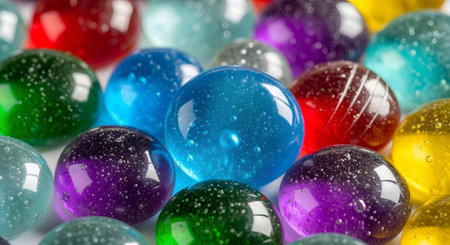 A vibrant macro photograph of colorful, translucent water beads. The glossy, spherical hydrogel balls in shades of blue, green, purple, and yellow create a playful and abstract background. The image highlights texture, color, and the sensory nature of the objects.の素材