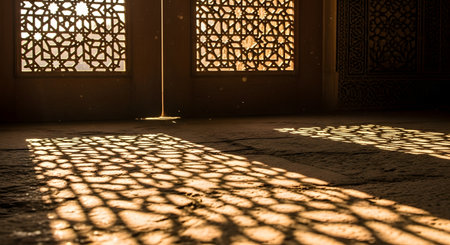 Golden sunlight streams through intricate Mashrabiya latticework windows, casting complex geometric patterns of light and shadow on the floor of an ancient room. The dusty air catches the sunbeams, creating a serene and historic atmosphere.の素材
