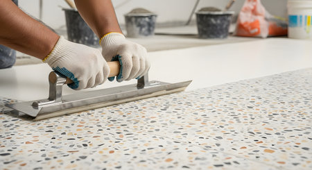 A close-up of a construction worker's gloved hands using a large trowel to smooth and apply a finishing layer to a colorful terrazzo floor. The image focuses on the manual labor and skilled craftsmanship involved in flooring installation and renovation. Buckets of materials are visible in the background.の素材