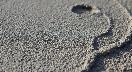 A detailed macro shot focuses on the texture of wet, granular sand, capturing the impression of a single footprint. The low-angle sunlight creates subtle shadows, emphasizing the fine details and transient nature of the mark left behind.の素材