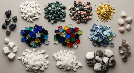 A top-down view of a diverse collection of craft and decorative materials arranged in neat piles on a neutral background. The assortment includes various types of crushed stones, colorful glass mosaic tiles, raw crystals, and a pile of gold nuggets. This image represents creativity, material science, geology, and hobby supplies.の素材