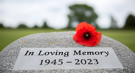 A single red poppy rests on top of a gray gravestone with the inscription 'In Loving Memory 1945 - 2023.' The background of a green field is softly blurred, creating a somber and respectful image of remembrance.の素材