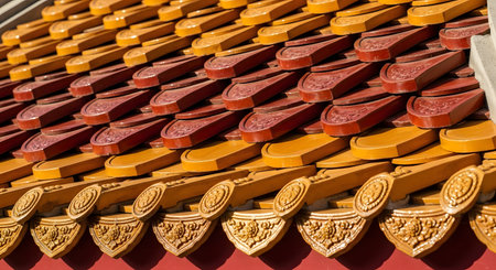 A close-up detail of traditional Chinese imperial roof tiles on a sunny day. The rows of vibrant yellow and maroon glazed ceramic tiles show intricate patterns and craftsmanship, typical of historic Asian palace architecture.の素材