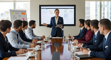 A confident and professional businesswoman in a suit stands at the head of a long table, leading a presentation for her colleagues in a modern boardroom. She gestures towards a large screen displaying charts and data while her attentive team takes notes. This image embodies leadership, corporate meetings, teamwork, and business strategy.の素材