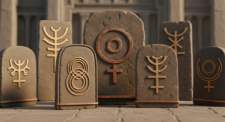 A collection of ancient, weathered stone tablets stands on a stone floor, each carved with mysterious, metallic alchemical or astrological symbols. The scene evokes a sense of history, forgotten knowledge, and esoteric mystery from an old civilization.の素材