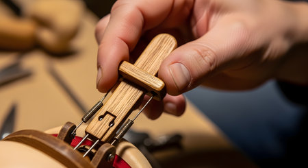 A detailed close-up shot of a craftsman's or performer's hand operating the control mechanism on the back of a ventriloquist dummy's head. The intricate system of wooden levers, wires, and springs is visible, showcasing the mechanics behind the puppet's movements. This image represents skill, craftsmanship, and the inner workings of puppetry.の素材