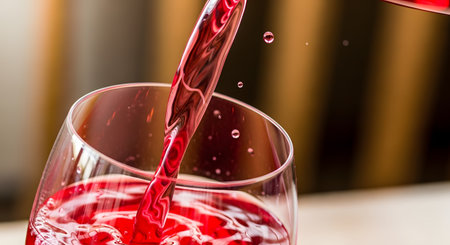 A dynamic close-up shot captures the moment red wine is poured into a clear glass, creating elegant swirls and small splashes. The rich color of the wine is highlighted, evoking a sense of celebration, luxury, and enjoyment.の素材