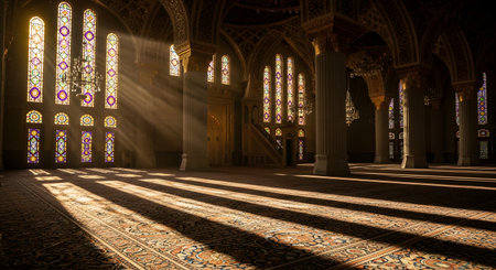 Golden sunbeams stream through magnificent stained-glass windows into the vast, empty prayer hall of a grand mosque. The light creates long, dramatic shadows across the ornate, patterned carpet, illuminating the majestic arches and pillars. This image evokes a powerful sense of peace, faith, and awe-inspiring Islamic architecture.の素材