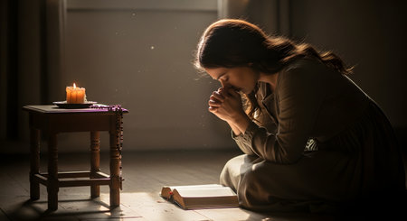 A devout woman is kneeling in prayer in a dimly lit room, her face illuminated by a single lit candle. An open Bible lies on the floor before her, and a rosary is on the small table, creating a solemn and spiritual atmosphere.の素材
