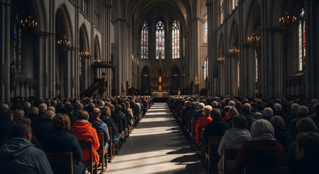 A wide-angle view from the back of a grand, historic cathedral, filled with a large congregation sitting in pews for a church service or mass. The impressive Gothic architecture, high vaulted ceilings, and light streaming from stained-glass windows create a solemn and reverent atmosphere of community worship.の素材