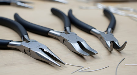 A set of specialized jewelry-making pliers, including needle-nose and round-nose types, are laid out on a wooden workbench. Pieces of bent silver wire are nearby, indicating an ongoing craft project. The image represents the hobby and profession of handmade jewelry creation.の素材