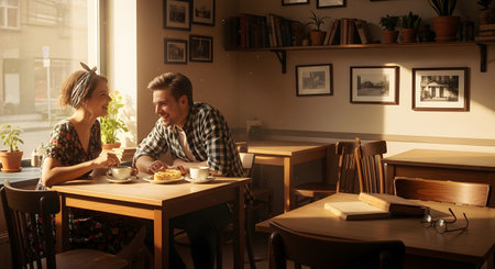 A happy young couple enjoys a romantic date in a cozy, sun-drenched cafe. They are smiling and chatting intimately while sitting at a wooden table with coffee, creating a warm and pleasant atmosphere.の素材