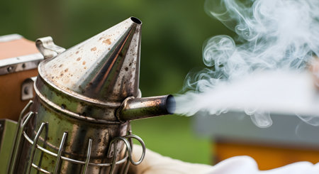 A close-up shot of a beekeeper's smoker, a metal tool used to calm honeybees, emitting a steady stream of white smoke. The smoker shows signs of use with rust and soot, indicating its practical function in an apiary. The blurred green background suggests an outdoor, natural setting for beekeeping.の素材