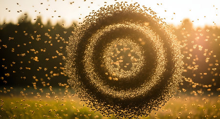 A surreal and mesmerizing image of a massive swarm of bees or insects flying in a perfect circular pattern against the warm, golden light of the setting sun. This incredible natural phenomenon captures the concept of collective intelligence, unity, and the power of nature.の素材