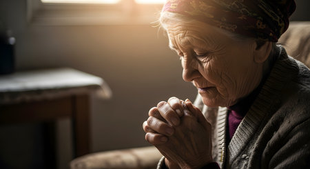 A poignant close-up portrait of an elderly woman with her wrinkled hands clasped together in deep prayer or contemplation. Bathed in soft light, her expression is one of faith, serenity, and devotion.の素材
