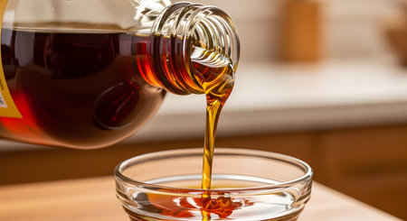 A close-up shot of rich, amber-colored maple syrup being poured from a glass bottle into a small glass bowl on a wooden table. The thick, viscous liquid flows in a smooth stream, highlighting its natural sweetness and texture. The image is perfect for themes of breakfast, pancakes, and natural sweeteners.の素材