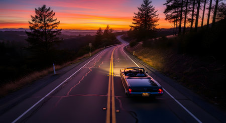 A classic convertible car with its headlights on drives along a winding, two-lane road through a hilly, forested landscape during a spectacular sunset. The vibrant orange and purple sky creates a romantic and picturesque scene of a scenic evening drive.の素材