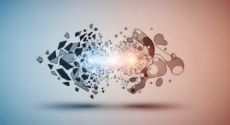 An abstract conceptual image illustrating the collision of order and chaos. One side features structured, geometric shapes shattering, while the other side shows fluid, organic forms coalescing, representing concepts like transformation, creativity, and duality.の素材