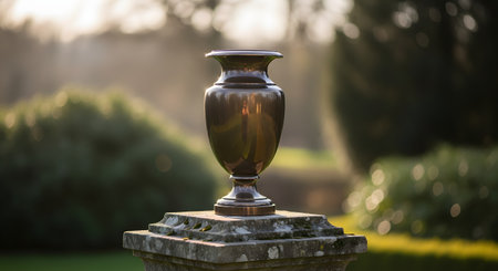A classic bronze cremation urn rests peacefully on a weathered stone pedestal in a beautifully landscaped garden. The soft, warm light and blurred green background create a tranquil and contemplative atmosphere for a memorial or final resting place.の素材