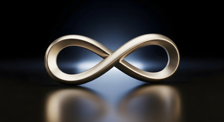 A sleek, metallic 3D infinity symbol is elegantly spotlit on a dark, reflective surface. The timeless loop represents concepts of eternity, endlessness, and infinite possibilities.の素材