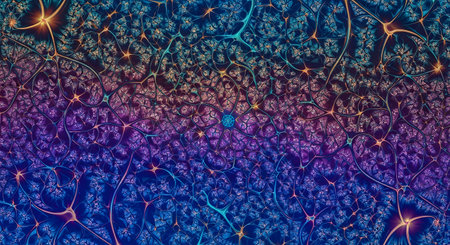 A vibrant and complex fractal pattern resembling a glowing neural network. The interconnected nodes and pathways transition through a spectrum of colors, symbolizing artificial intelligence, brain activity, consciousness, and complex data systems.の素材