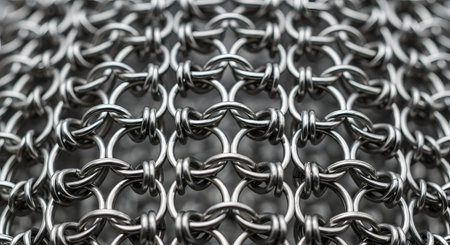 A detailed macro photograph captures the texture and pattern of medieval chainmail armor. The interlocking steel rings create a strong, flexible mesh, showcasing the craftsmanship of historical protection.の素材