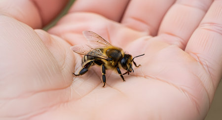 A detailed macro shot of a fluffy honeybee resting calmly in the cupped palm of a person's hand. The image creates a powerful sense of trust and gentle connection between a human and a small creature from nature. It symbolizes environmental conservation, harmony, and the importance of bees.の素材