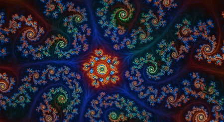 A vibrant and mesmerizing fractal art composition featuring intricate, swirling spiral patterns in shades of blue, orange, and green. The complex, repeating designs create a psychedelic and hypnotic visual effect, suitable for abstract backgrounds. This digital artwork evokes themes of the cosmos, mathematics, and fantasy.の素材