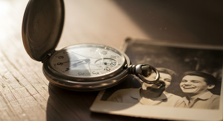 A poignant still life featuring an open antique pocket watch with a cracked face, lying next to a faded black and white photograph of two smiling young men. The scene is bathed in warm, soft light, evoking strong feelings of nostalgia, memory, passing time, and family history. The objects rest on a rustic wooden surface.の素材