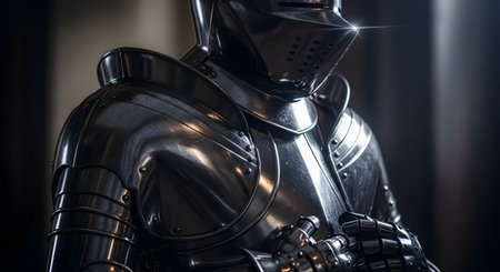 A close-up photograph of a medieval knight's gleaming suit of armor. The polished, dark metal reflects light, with a distinct glint on the visor of the helmet. The image symbolizes strength, protection, honor, chivalry, and the historical medieval period.の素材