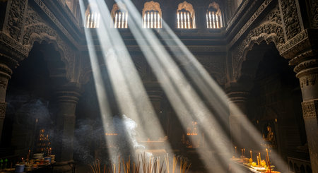 Dramatic sunbeams pierce through the windows of an ancient, ornately carved stone temple, illuminating the hazy interior. Puffs of smoke rise from burning incense sticks in the foreground, creating a mystical and spiritual atmosphere. The light rays highlight the intricate details of the pillars and architecture, evoking a sense of peace and history.の素材
