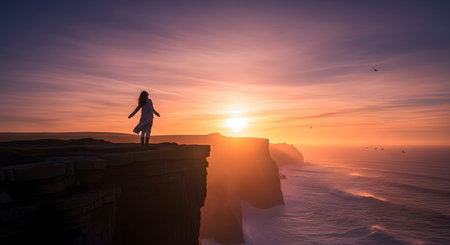 A silhouette of a woman with outstretched arms stands on the edge of a dramatic cliff, overlooking the vast ocean at sunset. The vibrant sky is painted in shades of orange, pink, and purple, evoking feelings of freedom, awe, and tranquility.の素材