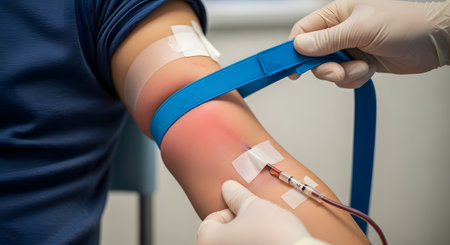 A close-up view of a patient's arm during a blood donation or phlebotomy procedure. A healthcare professional wearing gloves adjusts a blue tourniquet while a needle is inserted into the vein to draw blood. The image highlights the medical process of donating blood to save lives.の素材