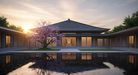 A modern Japanese-style home features a tranquil central courtyard with a still reflecting pool at sunset. A beautiful pink cherry blossom tree stands in the courtyard, its reflection perfectly mirrored in the water, creating a scene of peace, harmony, and zen architecture.の素材