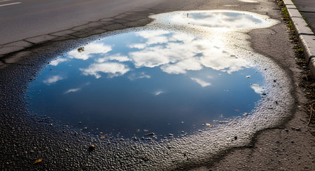 A large puddle on a cracked asphalt street perfectly mirrors the bright blue sky and fluffy white clouds. This image creates a beautiful and contemplative contrast between the rough urban ground and the serene sky. It symbolizes perspective, hidden beauty, and reflection.の素材
