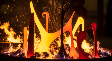 Several abstract sculptures glow bright orange and yellow as they are heated in a roaring fire pit. Sparks fly upwards from the flames, illuminating the intricate shapes in a dark environment. The scene captures the intense heat and creative process of forging or glassblowing.の素材