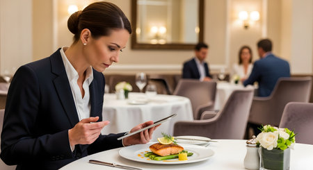 A professional businesswoman in a dark suit dines alone at a fine dining restaurant. She is looking at a tablet while a plate of gourmet salmon with asparagus sits in front of her, suggesting a business lunch or a modern professional lifestyle.の素材